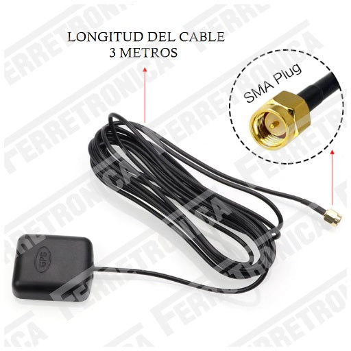 Antena GPS Activa con Rango de Frecuencia 1575.42 MHz y Ganancia de 27 dB, Ferretrónica