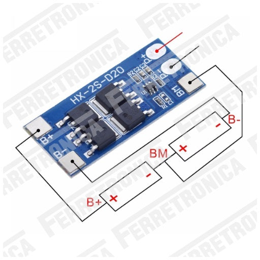 Conexion Modulo de Carga y descarga con balanceador de baterias de Litio Lipo 18650 de 2 Celdas 2S 10A HX-2S-D20 7.4V Sobrecarga de Pilas Litio, Ferretrónica