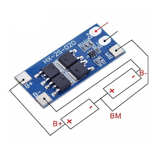 Conexion Modulo de Carga y descarga con balanceador de baterias de Litio Lipo 18650 de 2 Celdas 2S 10A HX - 2S - D20 7.4V Sobrecarga de Pilas Litio, Ferretronica