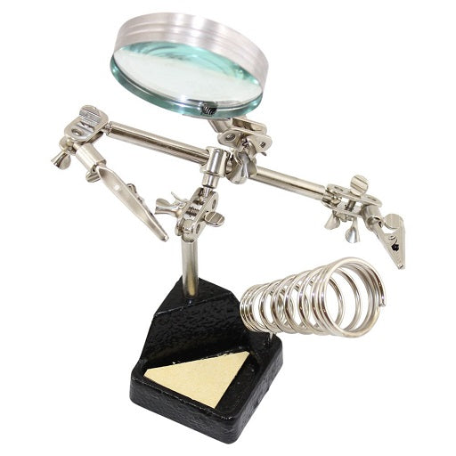 Tercer Brazo - Tercera Mano con soporte para cautin Ajustable con Pinzas y Lupa 5x, ferretronica