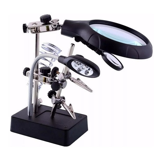 Tercera Mano Tercer Brazo con Soporte para Cautín Pinzas Luz Led y 3 Lupas 2.5x 7.5x 10x, ferretronica