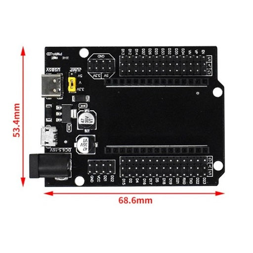 Dimensiones Shield Tarjeta de Expansion de Pines para Modulo ESP32 de 30 Pines, Ferretrónica
