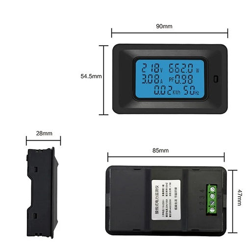 Voltimetro Amperimetro AC 250V - 100A + Vatimetro 22KW Mide Factor de Potencia, Consumo de Energia y Frecuencia de Trabajo, Ferretrónica