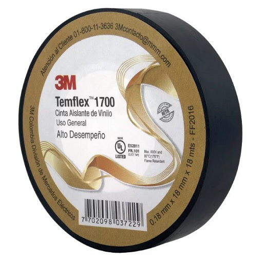 Cinta Aislante Color Negro 18mm x 18m Marca 3M Temflex