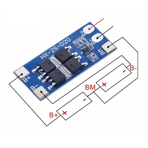 Conexion Modulo de Carga y descarga con balanceador de baterias de Litio Lipo 18650 2 Celdas 2S 10A HX-2S-D20 7.4V Sobrecarga de Pilas Litio, Ferretronica