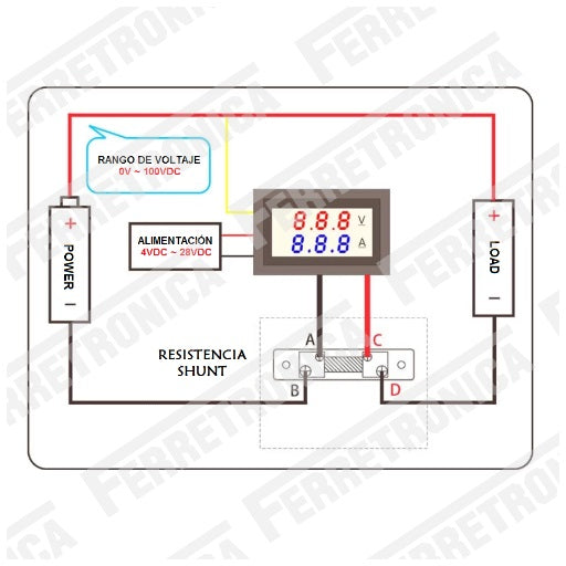 Diagrama de conexiones Voltimetro Amperimetro en DC (corriente continua CC) con capacidad 100 V - 10A con resistencia shunt, ferretrónica