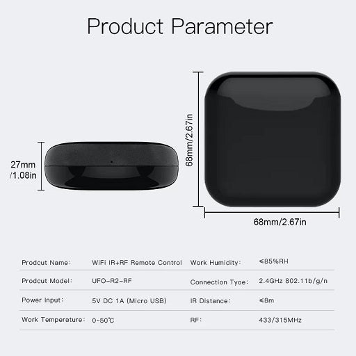 Dimensiones Control Remoto Universal Infrarrojo IR + RF por WiFi Compatible con Alexa y Google Home Aplicaciones Smart Life App y Tuya, Ferretrónica