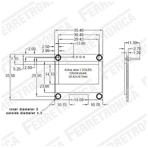 Dimensiones Modulo Display LCD OLED 128x64 1.3 pulgadas, comunicacion I2C de 4 Pines, Ferretrónica