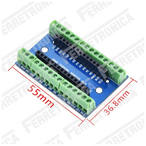 Dimensiones Shield Adaptador para Arduino Nano V3.0 con Borneras, Ferretrónica