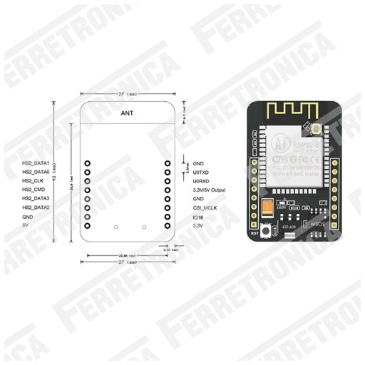 Dimensiones y Caracteristicas ESP32 CAM Modulo WiFi con Bluetooth y Camara OV2640 2MP ESP32-CAM + Cámara OV2640 ESP 32 CAM, Ferretrónica