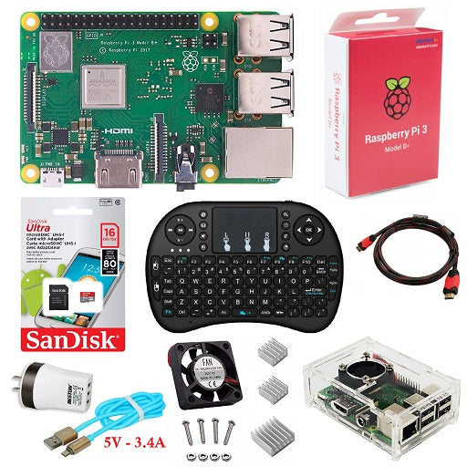 KIT Raspberry PI3 B+, Raspberry PI 3 B+, Teclado, Micro SD 16 GB Clase 10, Cable HDMI, Fuente 5V 3.4A, Caja Acrilica + Ventilador + Disipadores, Ferretronica