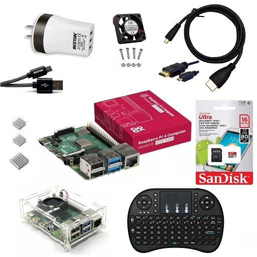 KIT Raspberry PI4 B de 4GB, Raspberry PI 4 B 4GB, Teclado, Micro SD 16 GB Clase 10, Cable HDMI a Micro HDMI, Fuente 5V 3.4A, Caja Acrilica con Ventilador y 3 Disipadores, Ferretronica