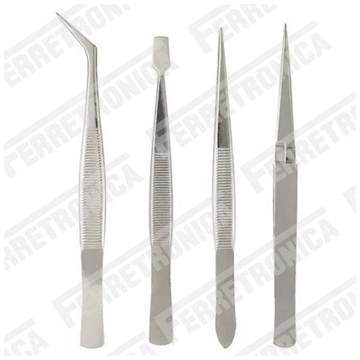 Kit Set Juego de 4 Pinzas de Presicion Electronica SMD Reparacion de Celulares y Servicio Tecnico Montaje Superficial, Ferretrónica