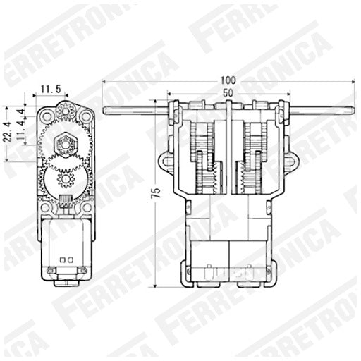 Medidas Motorreductor Tamiya 70097 de 2 Velocidades con doble motor para robotica, ferretrónica