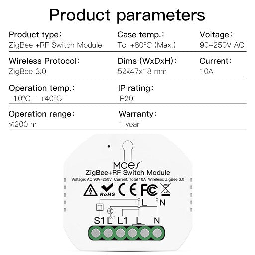 Modulo Switch Interruptor Inteligente ZigBee + RF Compatible con Aplicaciones Smart Life - Tuya Requiere HUB ZigBee Compatible cos asistentes de Voz Amazon Alexa - Google Home, Ferretrónica