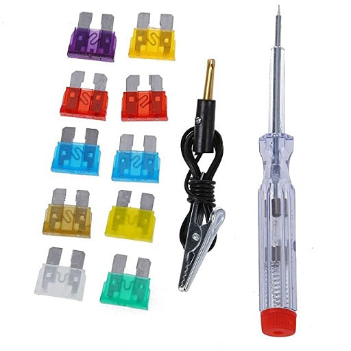 Probador Tester de Voltaje 6V ~ 24V con 10 Fusibles Carro Tamaño Estandar, Ferretrónica