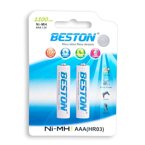 Set de baterias recargables AAA x 2 pilas beston 1100mA, ferretrónica