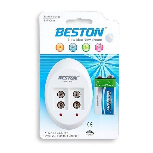 bateria 9 v recargable con cargador para 2 pilas 9v  marca beston BTS - C818, ferretrónica