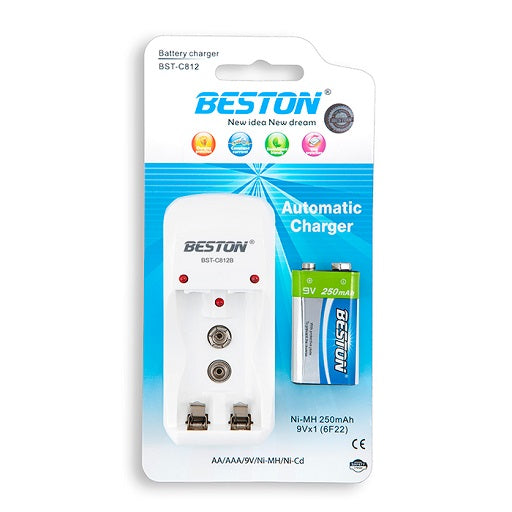 bateria 9 v recargable con cargador para una pilas 9v o dos pilas AA o AAA  marca beston BST - C812, ferretrónica