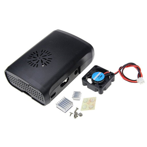 caja para raspberry pi negra con 2 discipadores y ventilador disipadores, ferretrónica