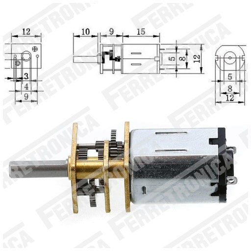 medidas motorreductor 1kg de torque a 100 RPM piñones metalicos especial para robotica, ferretrónica