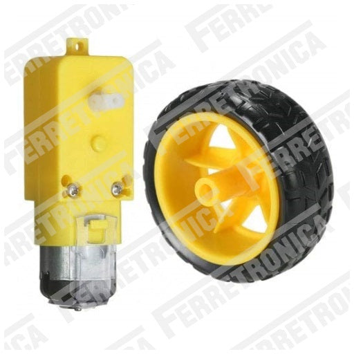motorreductor amarillo con torque de 1Kg a 200 RPM con 5V de alimentación con rueda, robotica, Ferretrónica